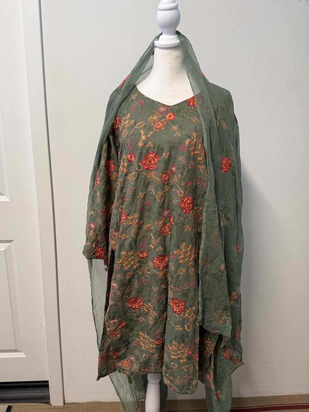 Olive Green Floral Embroidered Pakistani 3 Piece Kameez Trouser Dupatta Set